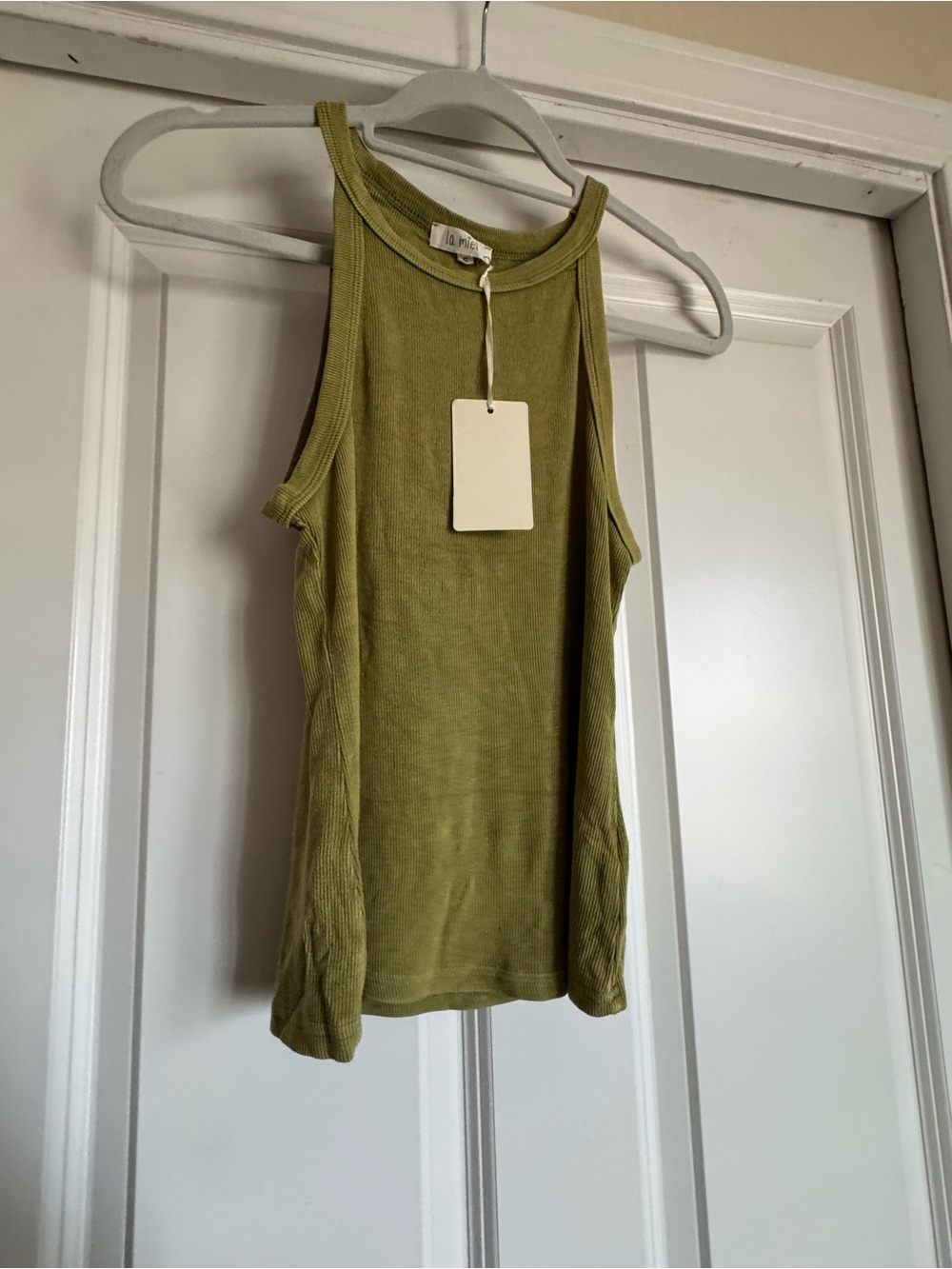 New La Miel Size Small Solid Pea Olive Green Thin Ribbed Rayon Blend Tank Top